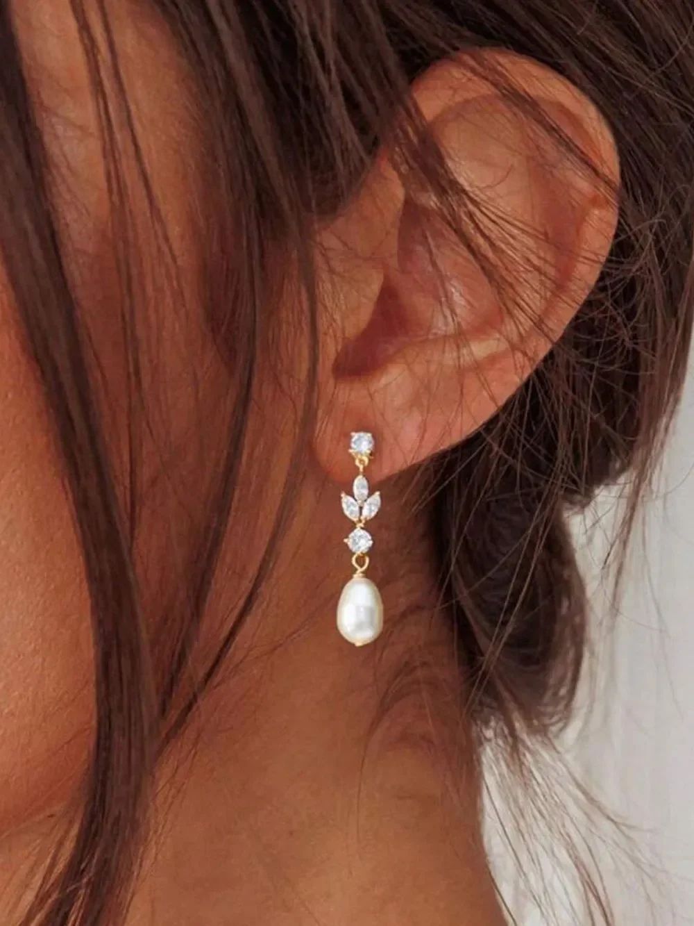 Gold Pearl Drop Earrings with Cubic Zirconia Accent R 594